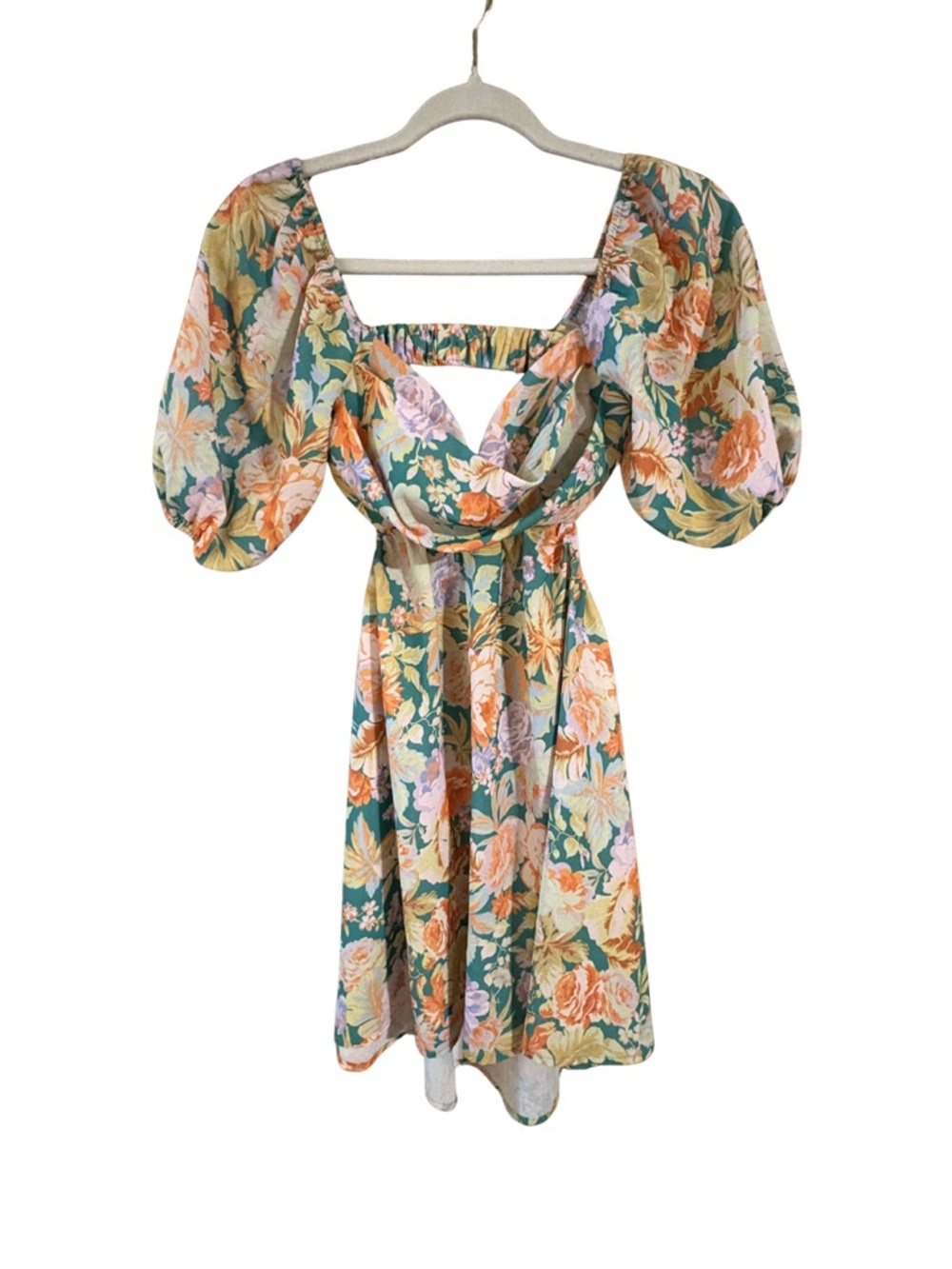 Fortunate One Floral Mini Dress XS Puff Sleeve Open Back Boho Summer